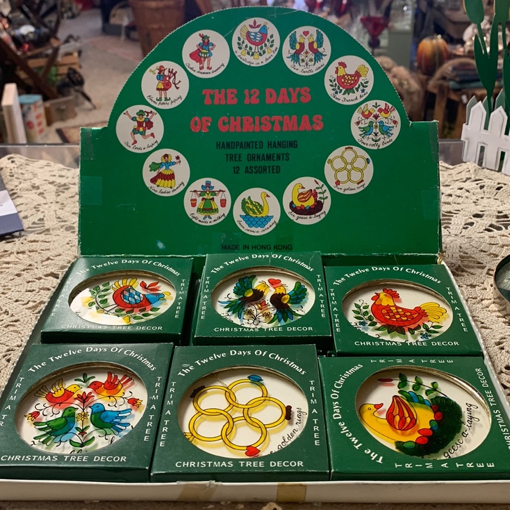 Vintage 12 Days of Christmas Hand Painted Glass Ornaments Folk Art 1982